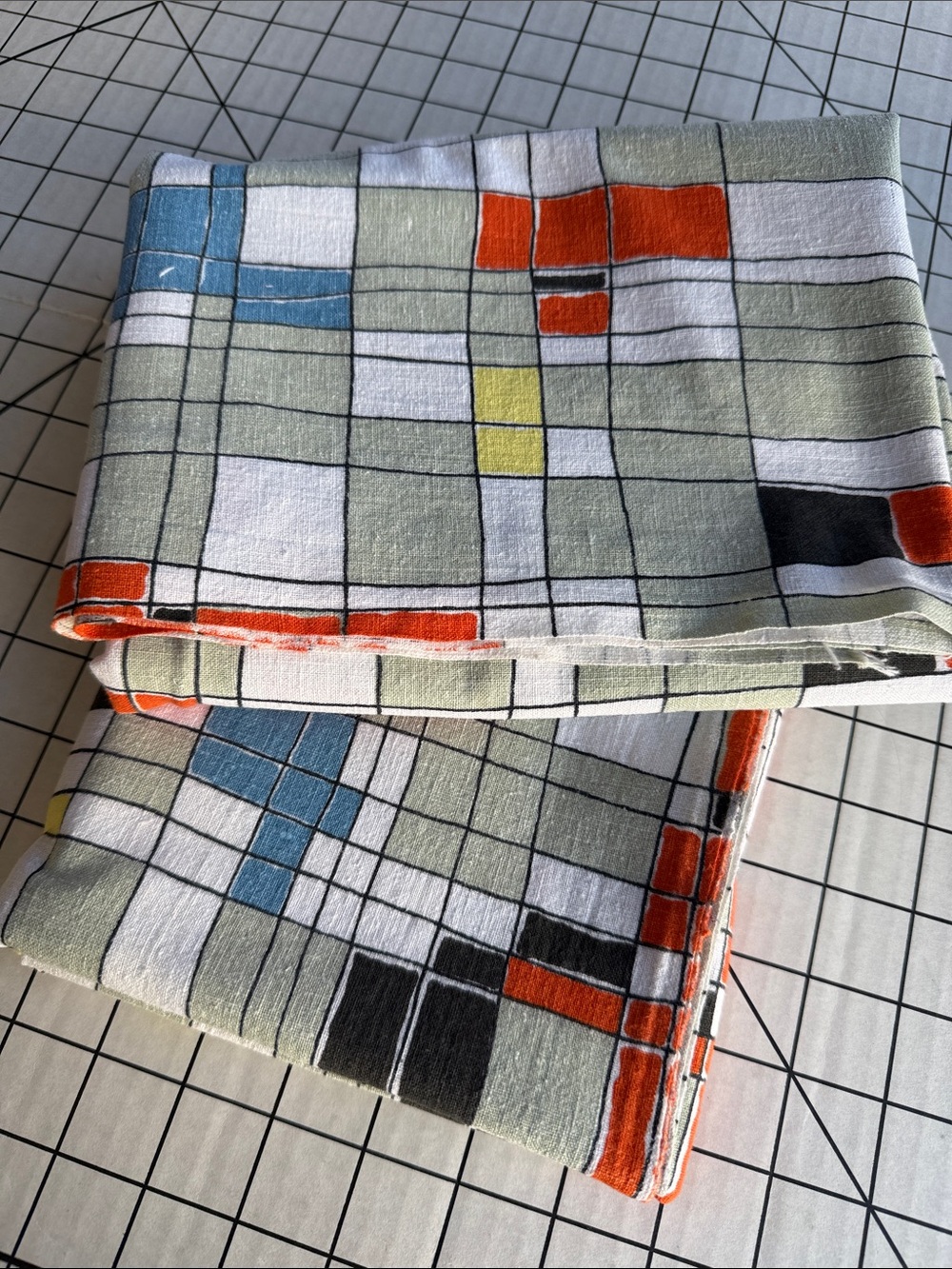 Vintage Mid Century Modern Atomic Geometric Linen Blend Fabric Lot 2⅛ Yards